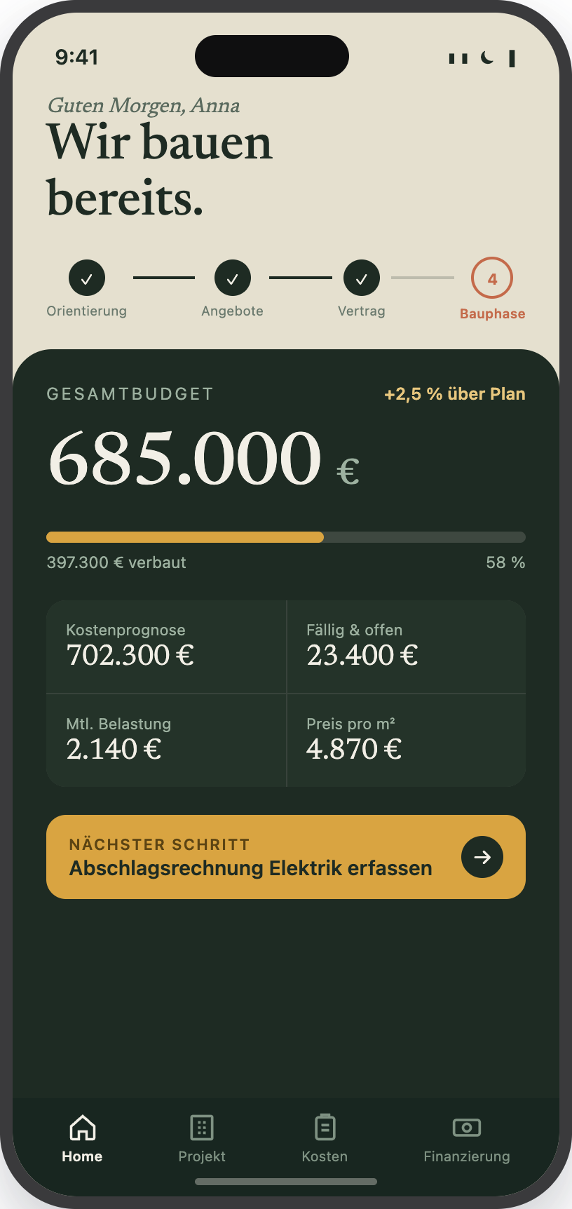 Homekompass — Home-Screen mit dem Fortschritt durch die vier Projektphasen, dem Gesamtbudget und dem vorgeschlagenen nächsten Schritt